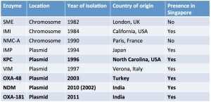 Carbapenemases in Enterobacteriaceae - including those isolated in Singapore