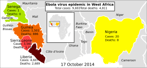Ebola outbreak map from Wikipedia. Updated as of 17th October 2014