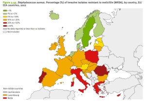 European country map of MRSA published by ECDC, 2012