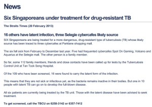 Straits Times report on the MDR-TB cybercafe outbreak published Feb 2013.