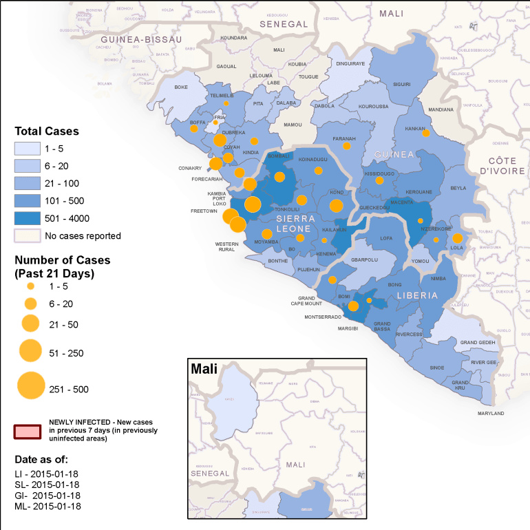 Ebola epidemic map - West Africa. Obtained on 23rd Jan from the WHO Ebola Situation Report website.