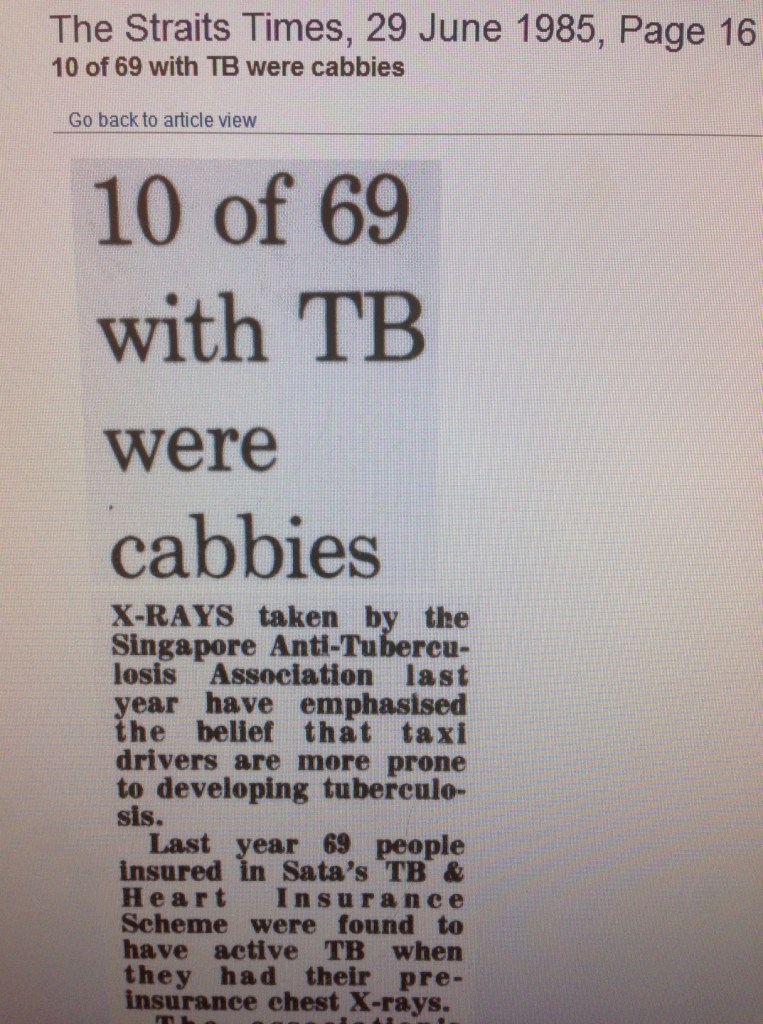 1985 again - taxi drivers found to have higher rates of tuberculosis (I don't think this was ever published). There's a legacy policy however - shown in the next image.