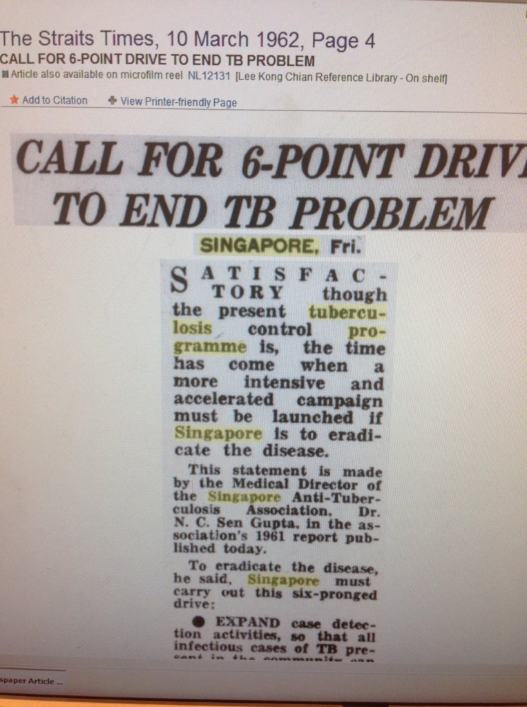 In 1962, a 6-point plan to reduce TB rates in Singapore, including expanded screening, BCG vaccination, and drug therapy for patients with active tuberculosis.