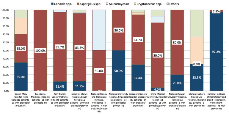Distribution of fungi causing invasive fungal infections (IFIs) by institution. Note that only percentages for probable and proven IFIs are shown (by definition, it is impossible to define the fungal aetiology for possible IFI)