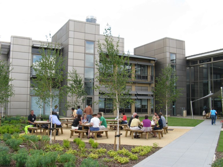 The Wellcome Trust Sanger Institute at Hinxton, UK. It is pleasant to sit outside the building in spring, discussing both work and non-work-related stuff.