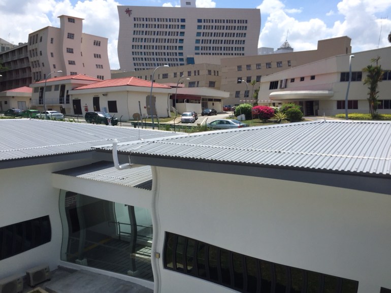 A view from the upper floor of the old bungalow, with the Contact Clinic below and Tan Tock Seng Hospital in the background.